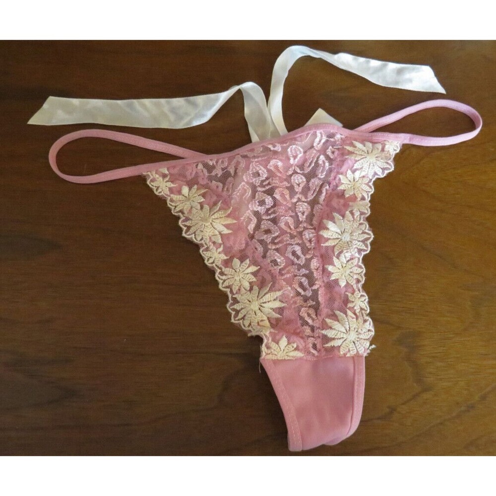 Vintage Glamour Pink Mesh Embroidered Thong Panties Satin Back Bow Size XL - Picture 5 of 14